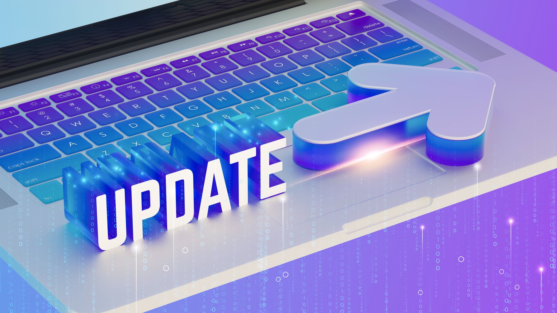 3D render, laptop keyboard, glowing purple and blue gradient, UPDATE text in bold white, futuristic arrow icon, digital binary code, holographic effect, high-tech, 8K resolution.