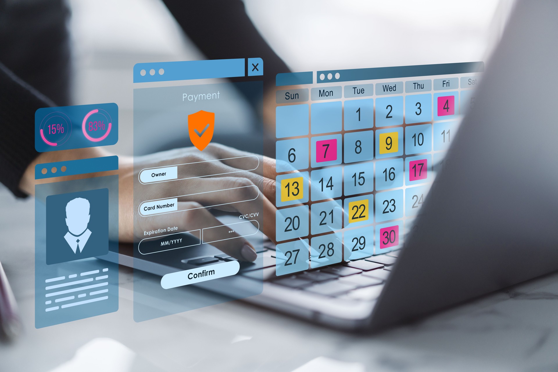 Person using laptop with digital calendar and payment interface on transparent virtual screen in modern office environment with soft light background.